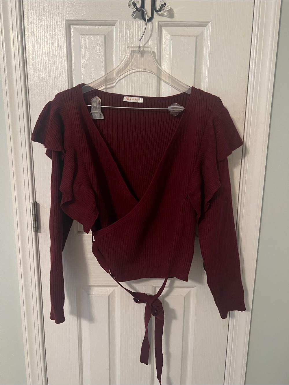Ruffled Wrap Sweater Top in Burgundy - Women’s Tie-Front Knit